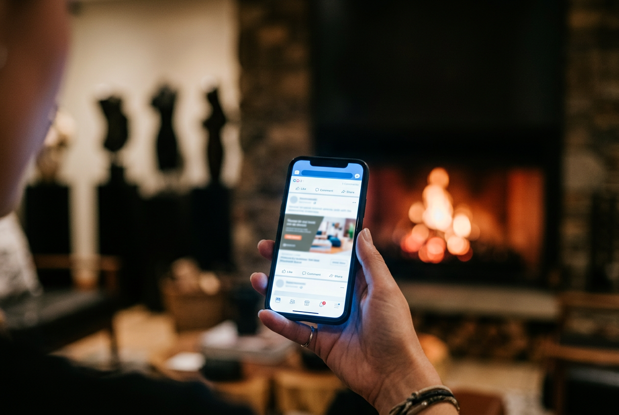 Meta Ads campaigns showing visual fireplace and bathroom designs on social feeds