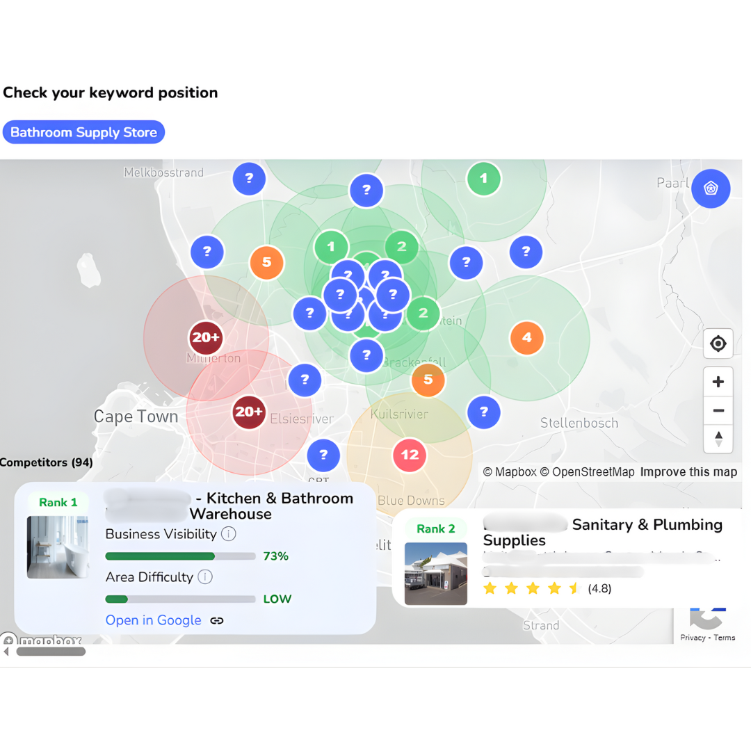 Map showing keyword position ranking and competitor analysis with business visibility scores across Cape Town area