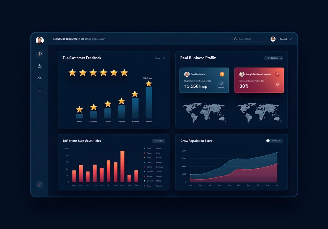 Real-time visibility management dashboard showing analytics, review tracking, and business profile metrics