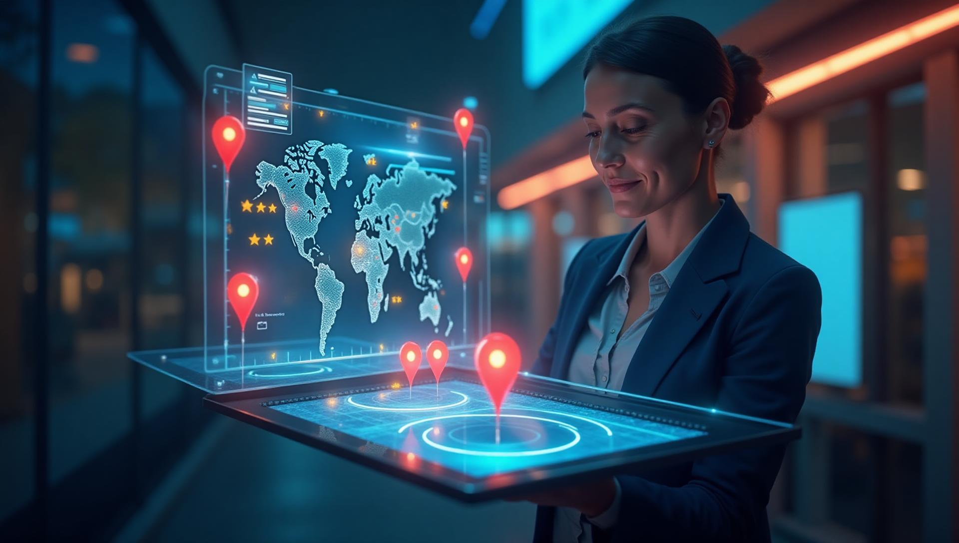 Professional business owner managing local reputation with AI-powered Google Business Profile and map visibility